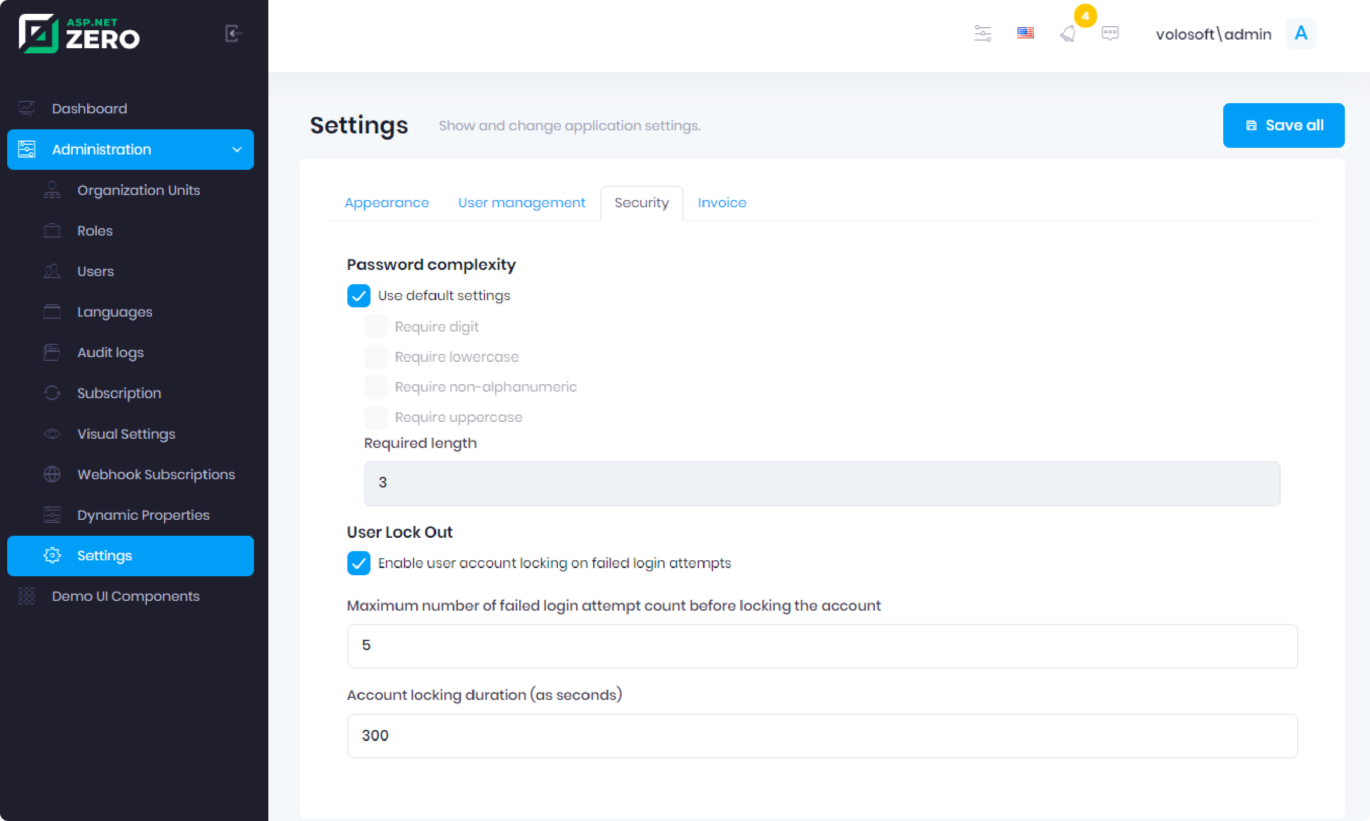 asp net zero admin screen